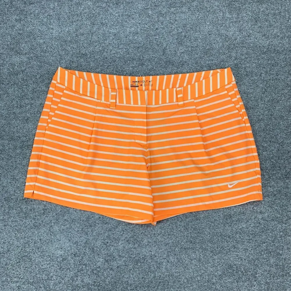 Nike Shorts Womens 14 Orange White Golf Dri Fit Striped Pleated Shorty Pockets‎
